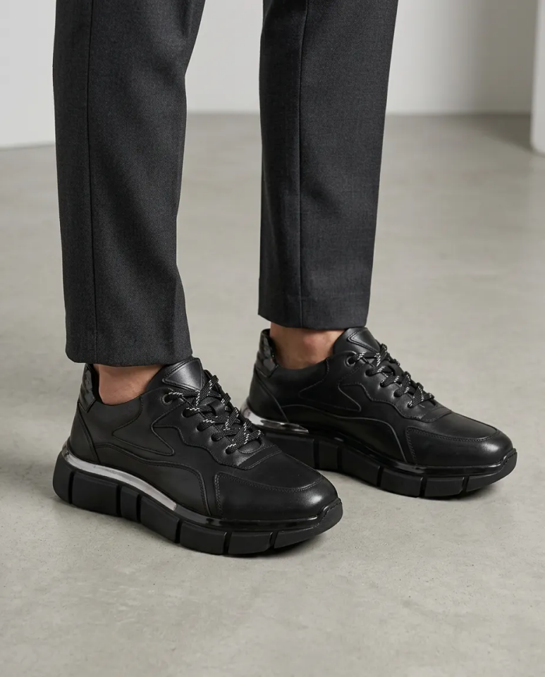 %100 Hakiki Deri Erkek Sneaker - Siyah