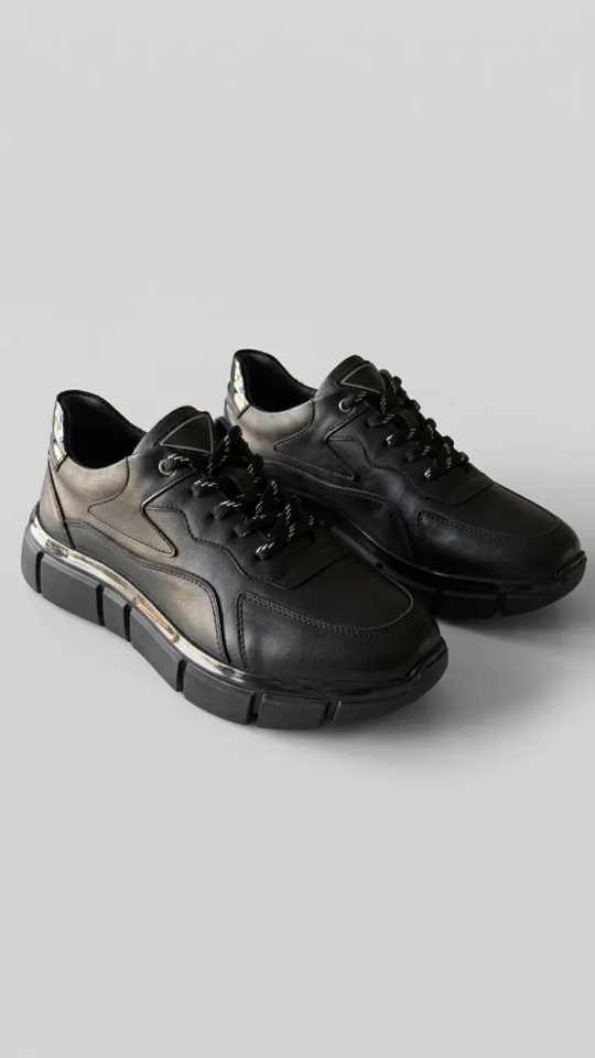 %100 Hakiki Deri Erkek Sneaker - Siyah