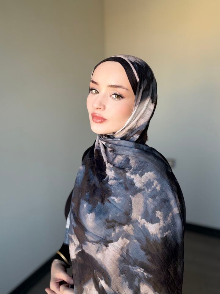 Sareva Siyah Mavi Gri Desenli Bambu Şal