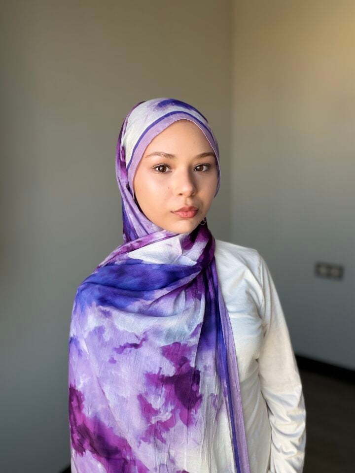 Sareva Beyaz Mor Desenli Bambu Şal