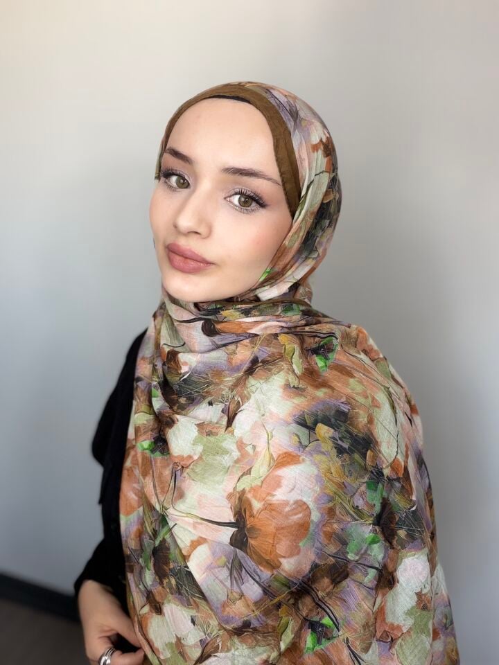 Sareva Kahve Yeşil Lila Desenli Bambu Şal