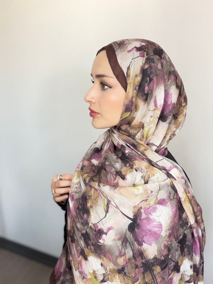 Sareva Kahve Mor Lila Desenli Bambu Şal