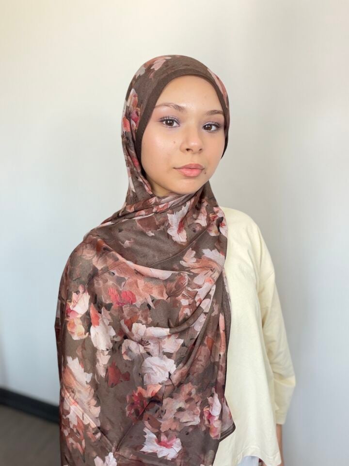 Sareva Kahve Pembe Desenli Rami Şal