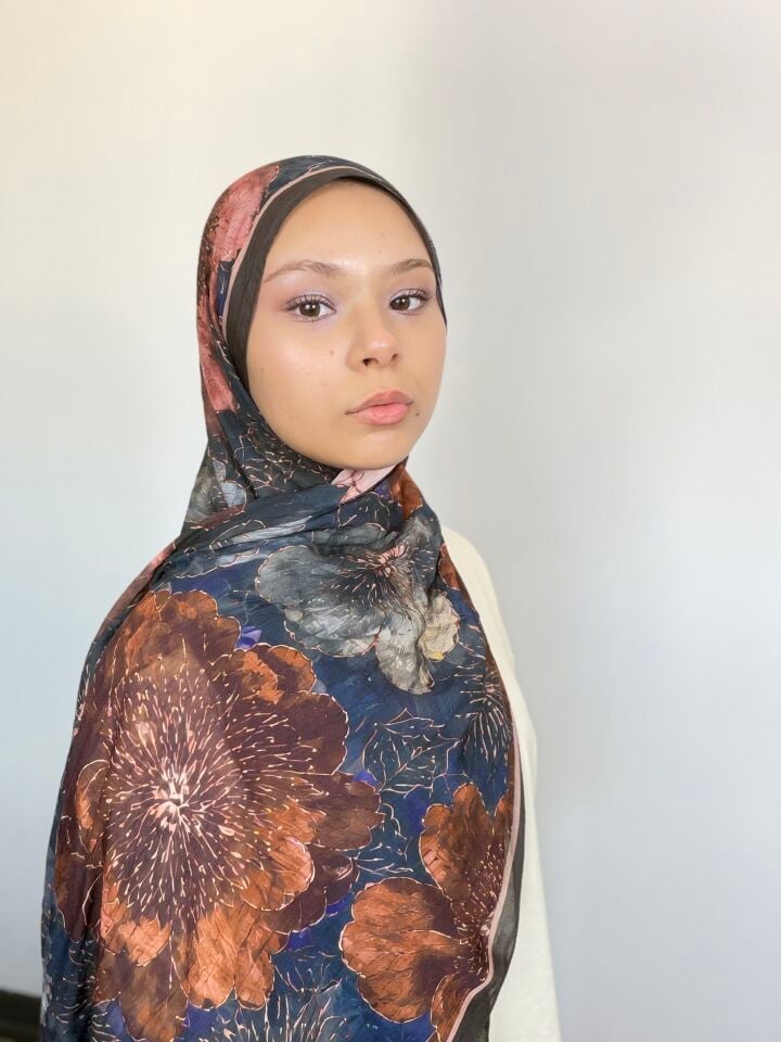 Sareva Lacivert Bronz Desenli Bambu Şal