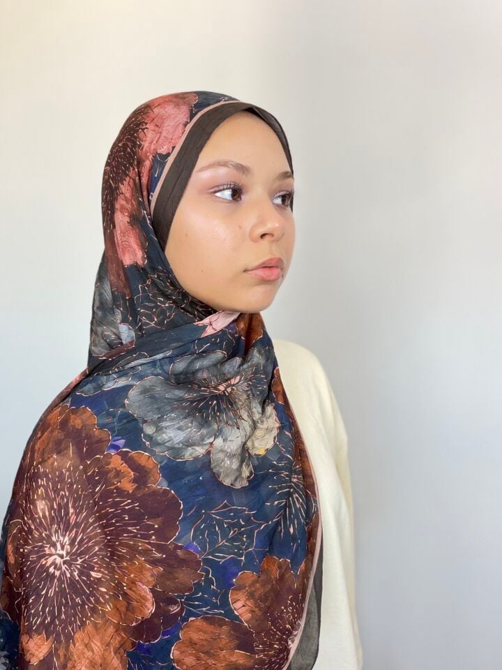 Sareva Lacivert Bronz Desenli Bambu Şal