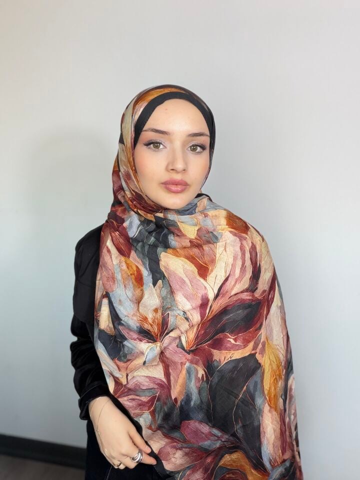 Sareva Siyah Bordo Karamel Desenli Bambu Şal