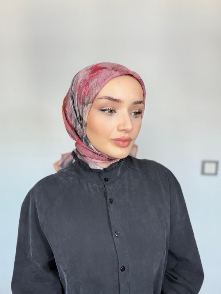 Sareva Pembe Gri Desenli Bambu Eşarp