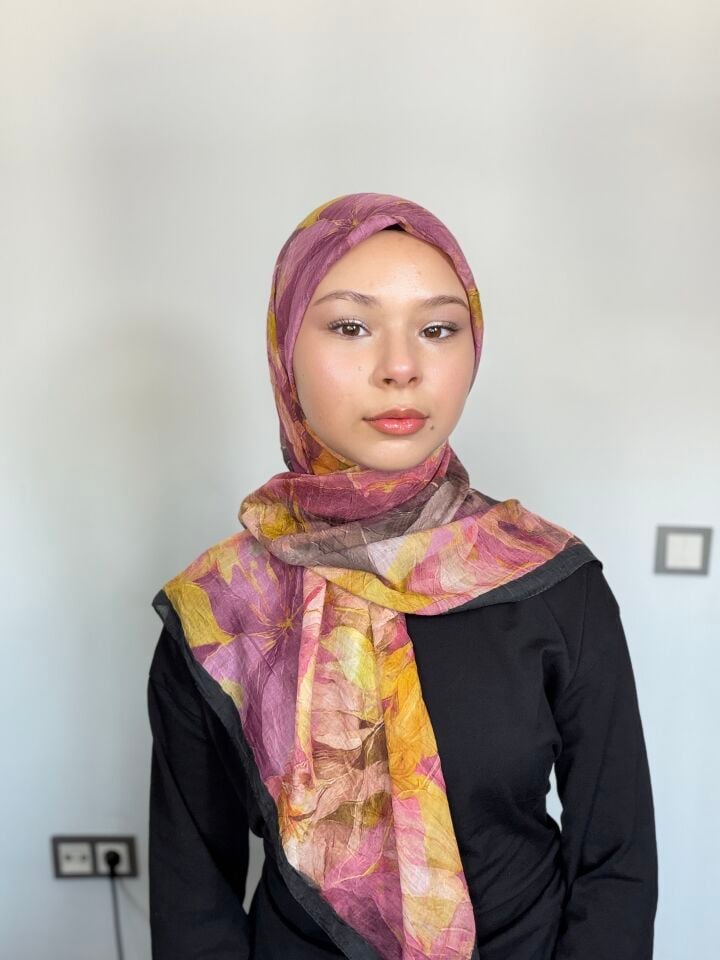 Sareva Pembe Sarı Desenli Bambu Eşarp