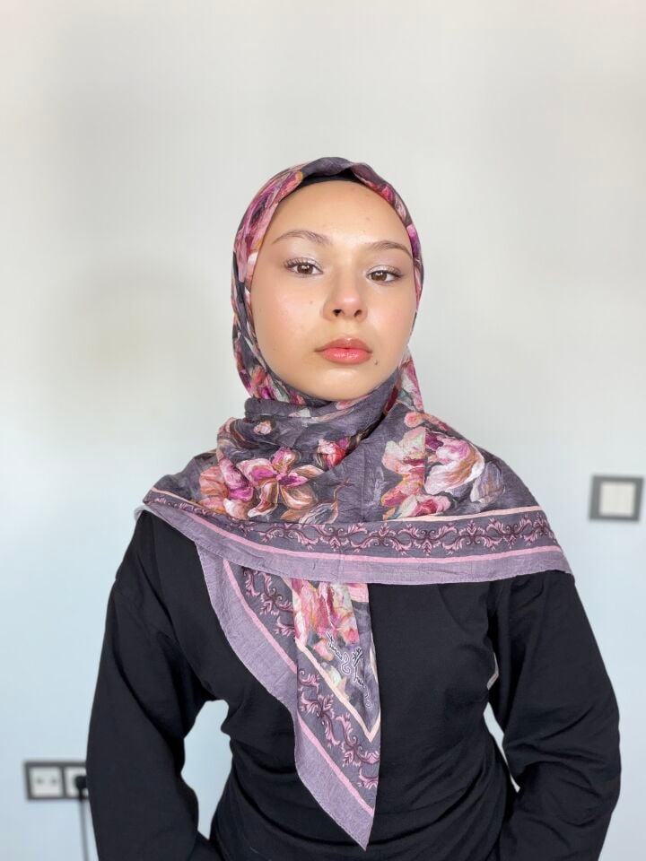 Sareva Antrasit Pembe Çiçek Desenli Bambu Eşarp