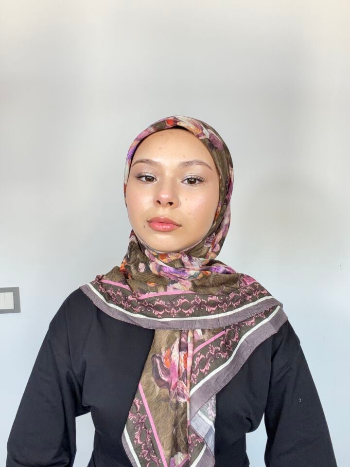 Sareva Kahve Pembe Motifli Çiçek Desenli Bambu Eşarp
