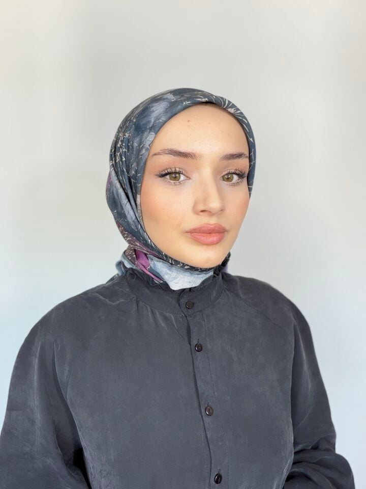 Sareva Füme Mor Çizim Çiçek Desenli Pamuk Eşarp