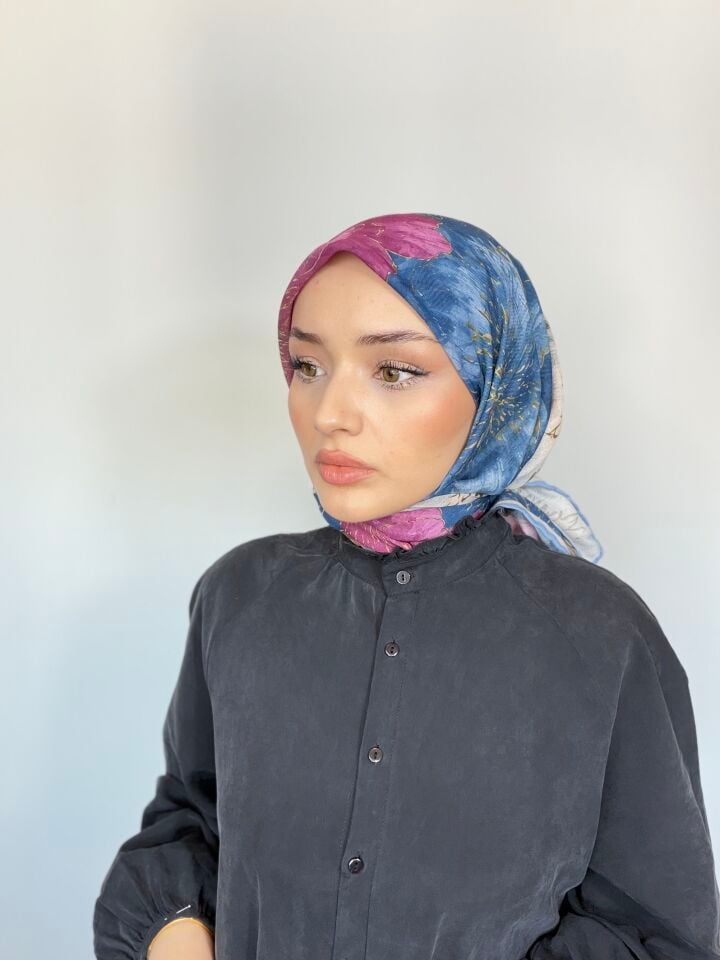 Sareva Saks Fuşya Çizim Çiçek Desenli Pamuk Eşarp