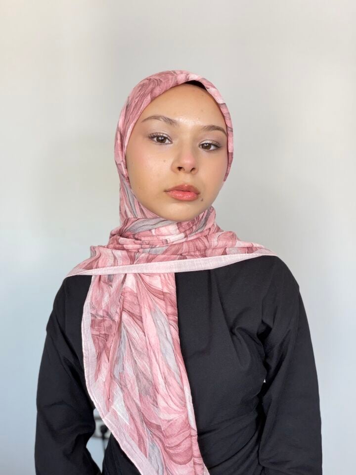 Sareva Pembe Gri Soyut Yaprak Desenli Bambu Eşarp